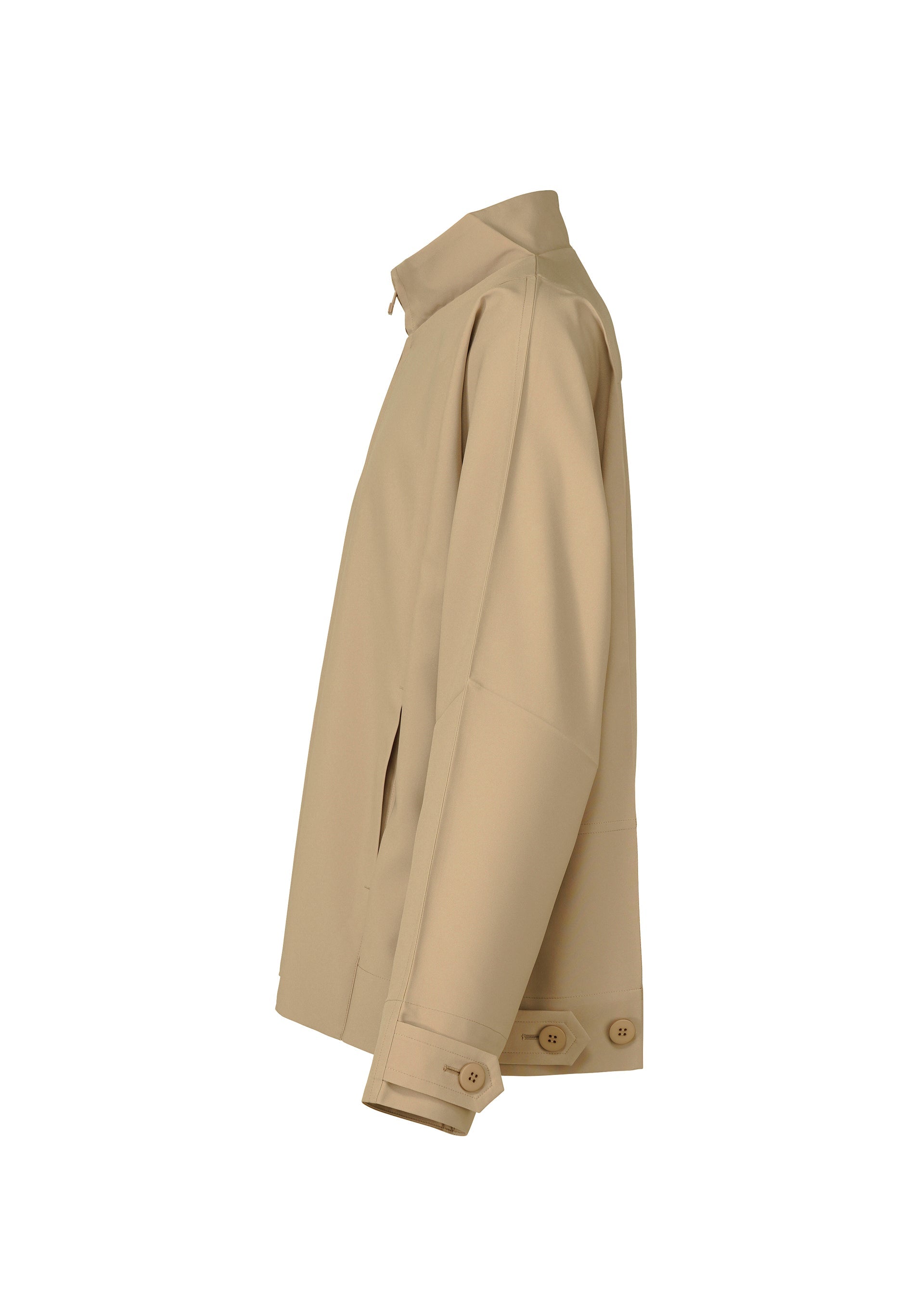 Zoomed view The FLAT jacket by IM MEN is a beige, long-sleeve foldable piece shown from the side, featuring a stand-up collar, buttoned cuffs and hem, and a minimalist design—ideal as a compact portable travel jacket.