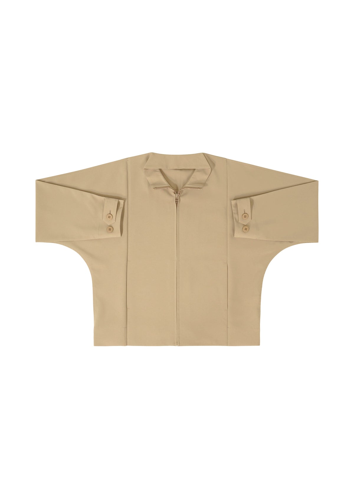 The IM MEN FLAT jacket in beige features long, wide sleeves, buttoned cuffs, a wrinkle-resistant finish, and a front zipper, shown laid flat on a white background. view 5 of 13