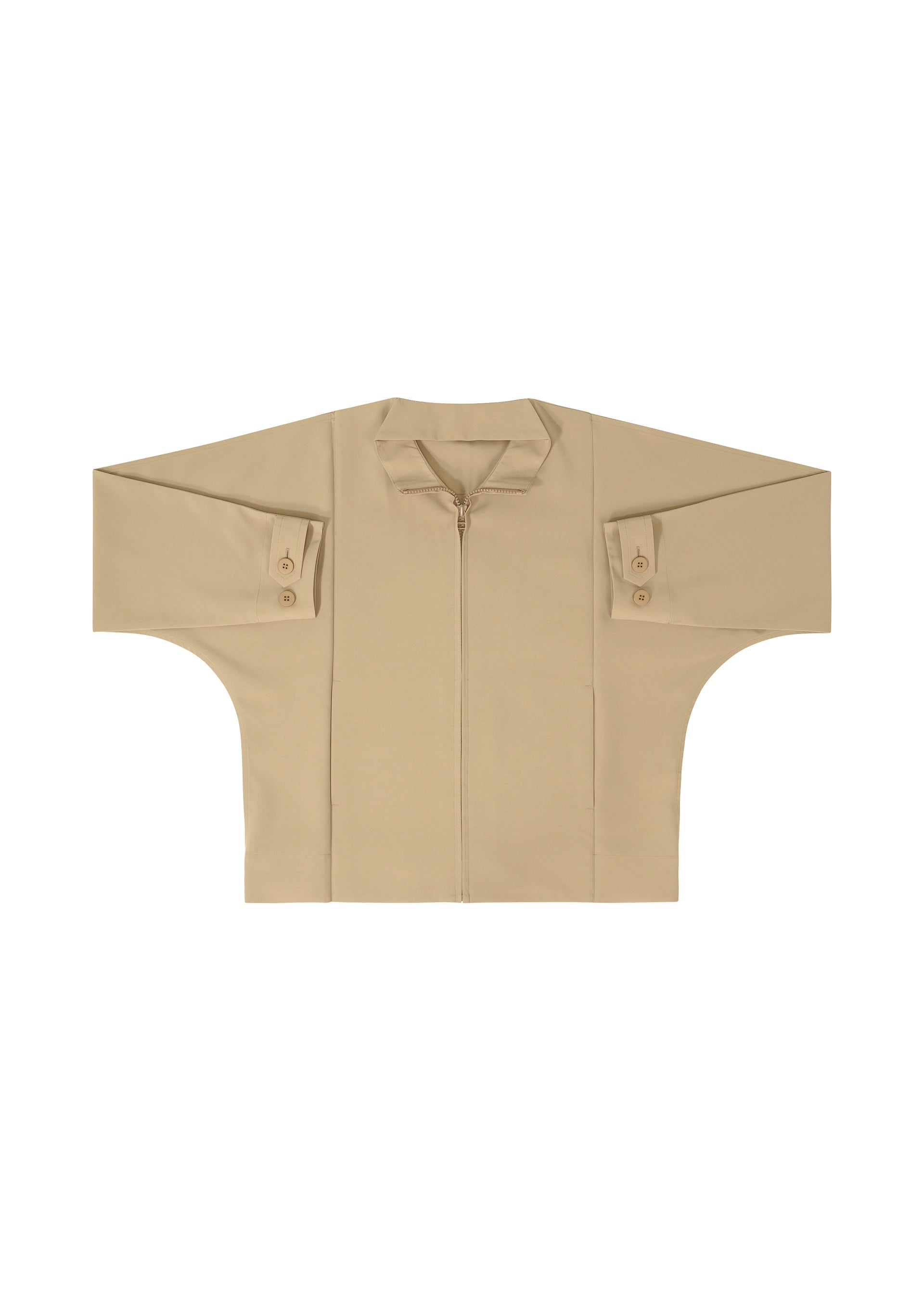 Zoomed view The IM MEN FLAT jacket in beige features long, wide sleeves, buttoned cuffs, a wrinkle-resistant finish, and a front zipper, shown laid flat on a white background.
