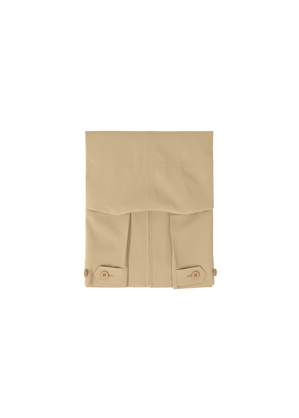 FLAT by IM MEN is a beige, rectangular fabric piece inspired by trench coat backs, with flap, visible seams, two buttoned pocket flaps, and side buttons. Compact and portable jacket alternative shown on a plain white background. view 7 of 13