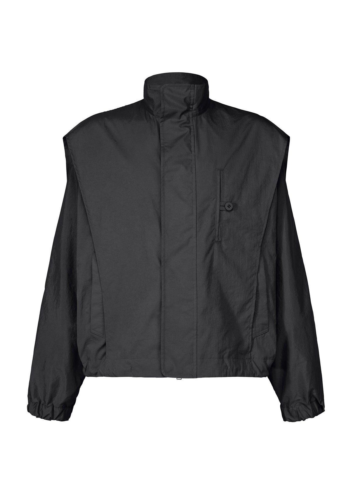The IM MEN FISHING NET NYLON is a black, high-collared, long-sleeve jacket with a front zipper and flap, buttoned chest pocket, and elastic cuffs. Lightweight and durable with a boxy fit, it’s crafted from recycled fishing nets. view 1 of 9