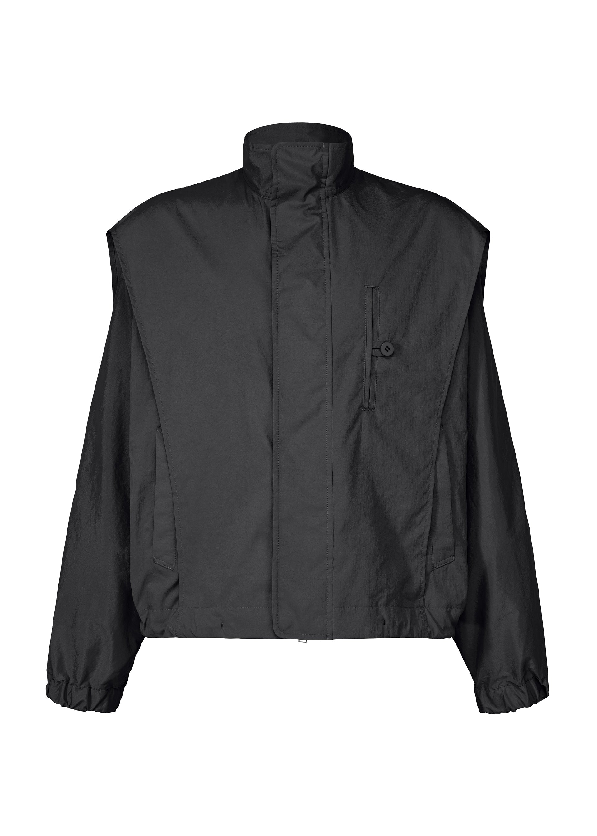 Zoomed view The IM MEN FISHING NET NYLON is a black, high-collared, long-sleeve jacket with a front zipper and flap, buttoned chest pocket, and elastic cuffs. Lightweight and durable with a boxy fit, it’s crafted from recycled fishing nets. - BLACK （no.15）