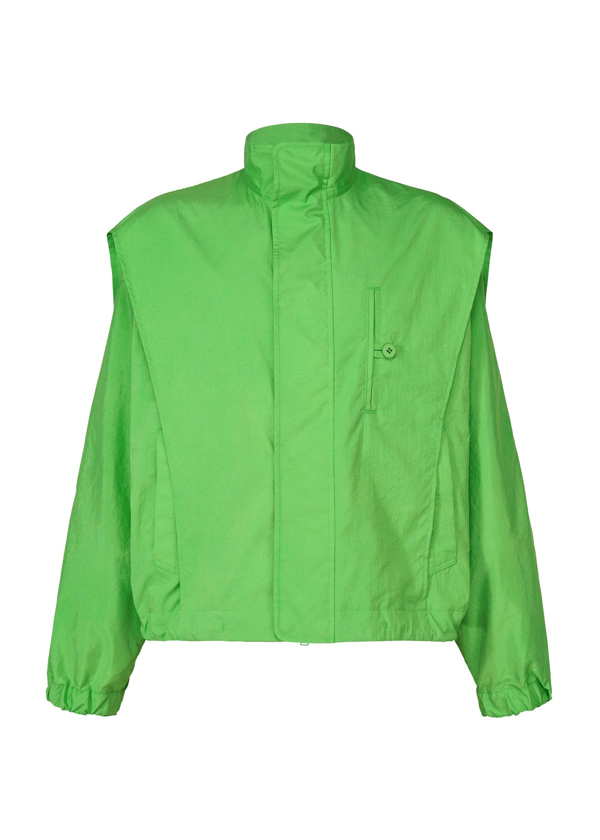 The IM MEN FISHING NET NYLON jacket is bright green, lightweight, and durable, made from recycled fishing nets. It features a high collar, buttoned chest pocket, and elastic cuffs, shown against a white background. view 3 of 9