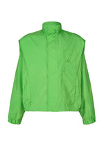 The IM MEN FISHING NET NYLON jacket is bright green, lightweight, and durable, made from recycled fishing nets. It features a high collar, buttoned chest pocket, and elastic cuffs, shown against a white background. - GREEN （no.62）