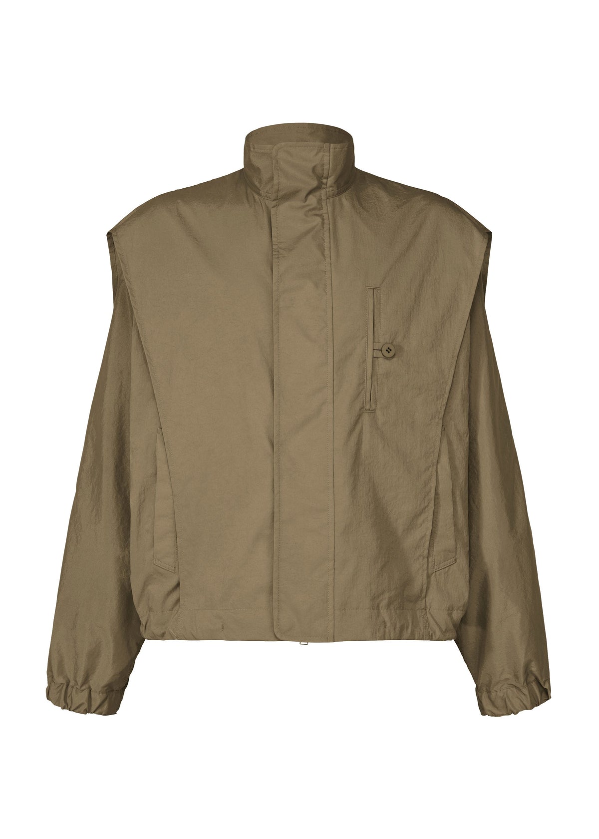 The IM MEN FISHING NET NYLON jacket is khaki, long-sleeved, and made of nylon. It features a high collar, concealed front zipper, buttoned chest pocket, elastic cuffs, and a lightweight, loose-fit minimalist design. view 2 of 9