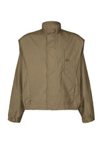 The IM MEN FISHING NET NYLON jacket is khaki, long-sleeved, and made of nylon. It features a high collar, concealed front zipper, buttoned chest pocket, elastic cuffs, and a lightweight, loose-fit minimalist design. - OLIVE DRAB （no.64）