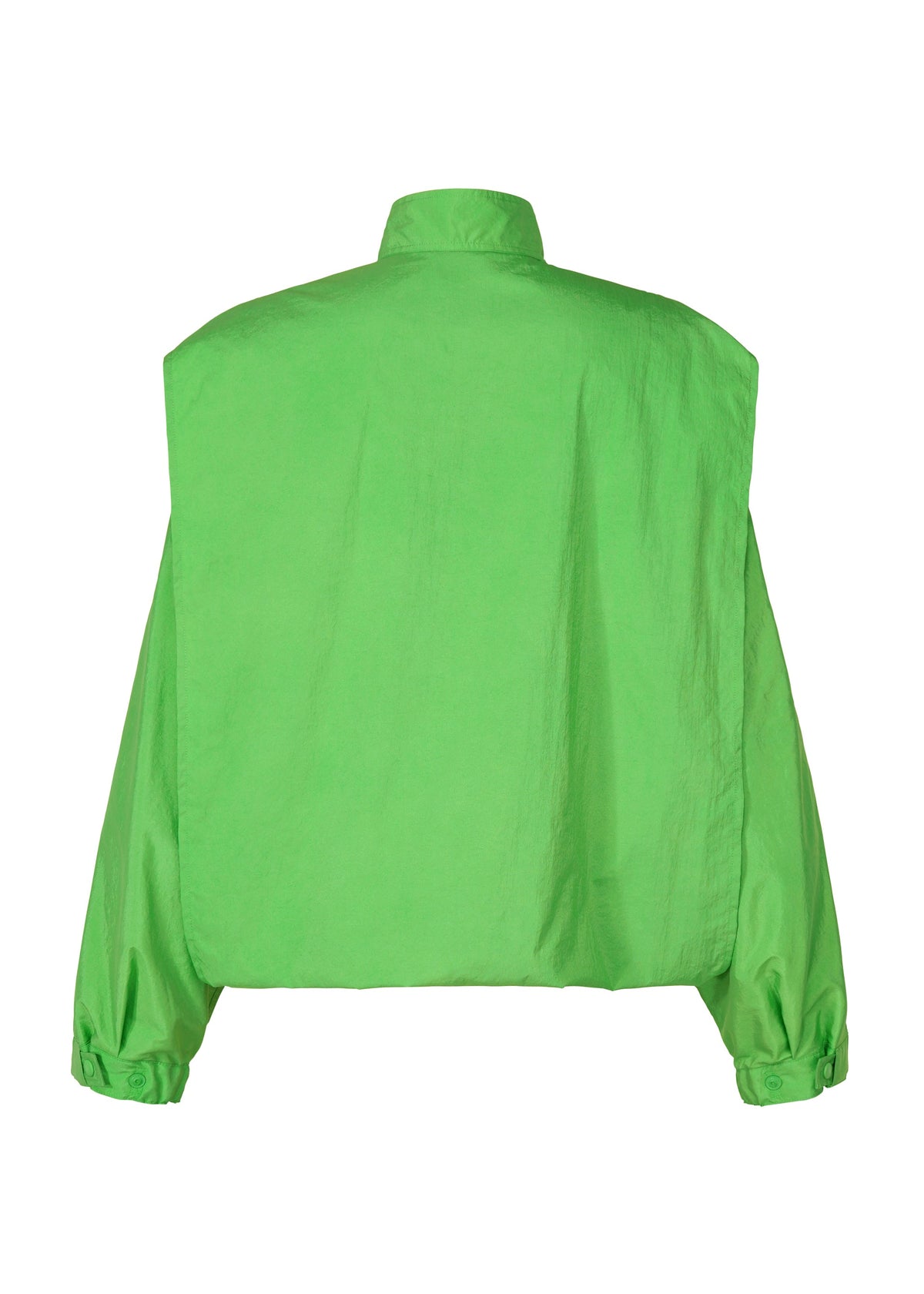 The IM MEN FISHING NET NYLON jacket, shown from the back in bright green, features a boxy silhouette, high collar, and buttoned cuffs. Lightweight and durable, it's crafted from recycled fishing nets for eco-friendly style. view 4 of 9
