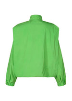 The IM MEN FISHING NET NYLON jacket, shown from the back in bright green, features a boxy silhouette, high collar, and buttoned cuffs. Lightweight and durable, it's crafted from recycled fishing nets for eco-friendly style.