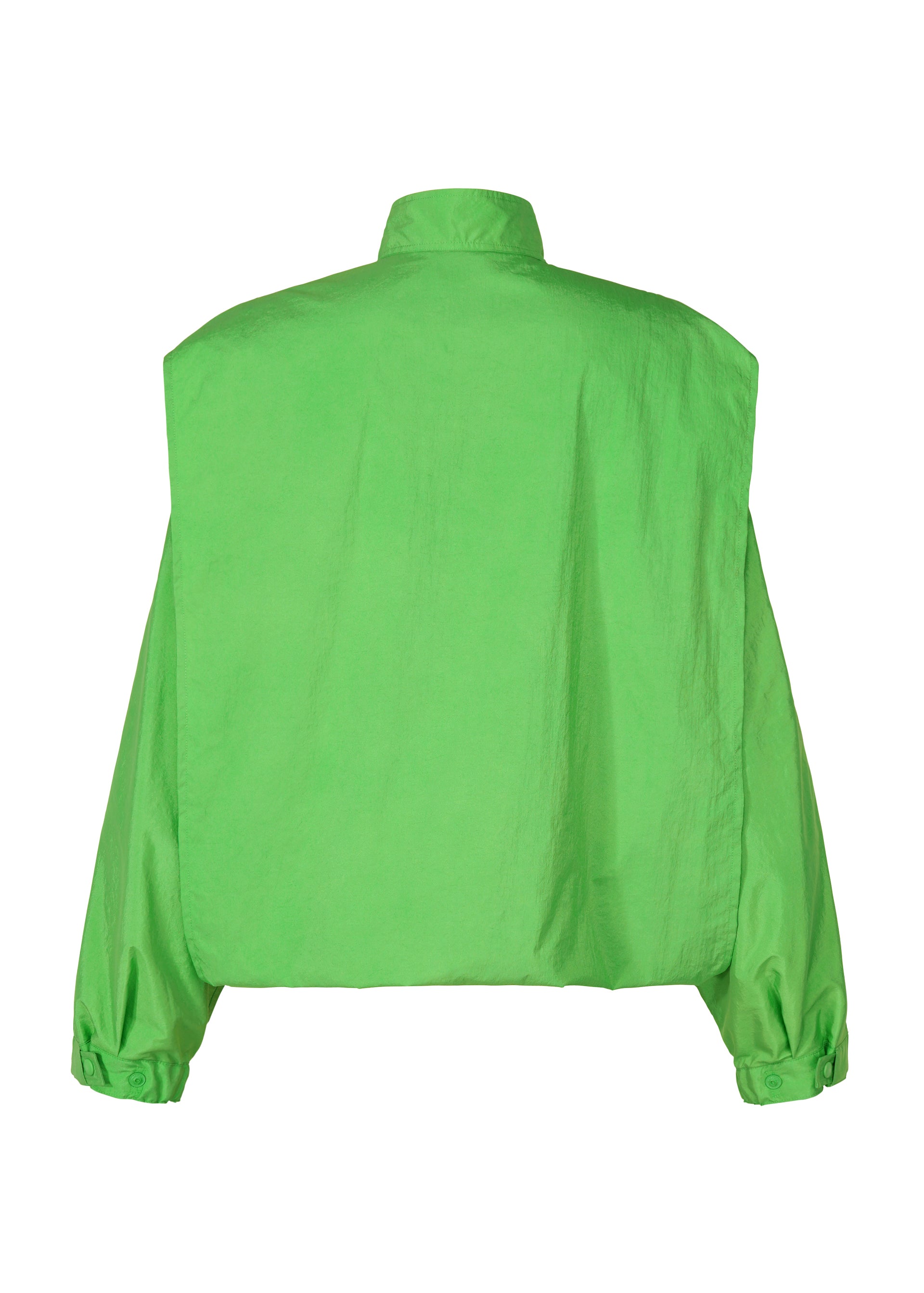 Zoomed view The IM MEN FISHING NET NYLON jacket, shown from the back in bright green, features a boxy silhouette, high collar, and buttoned cuffs. Lightweight and durable, it's crafted from recycled fishing nets for eco-friendly style.