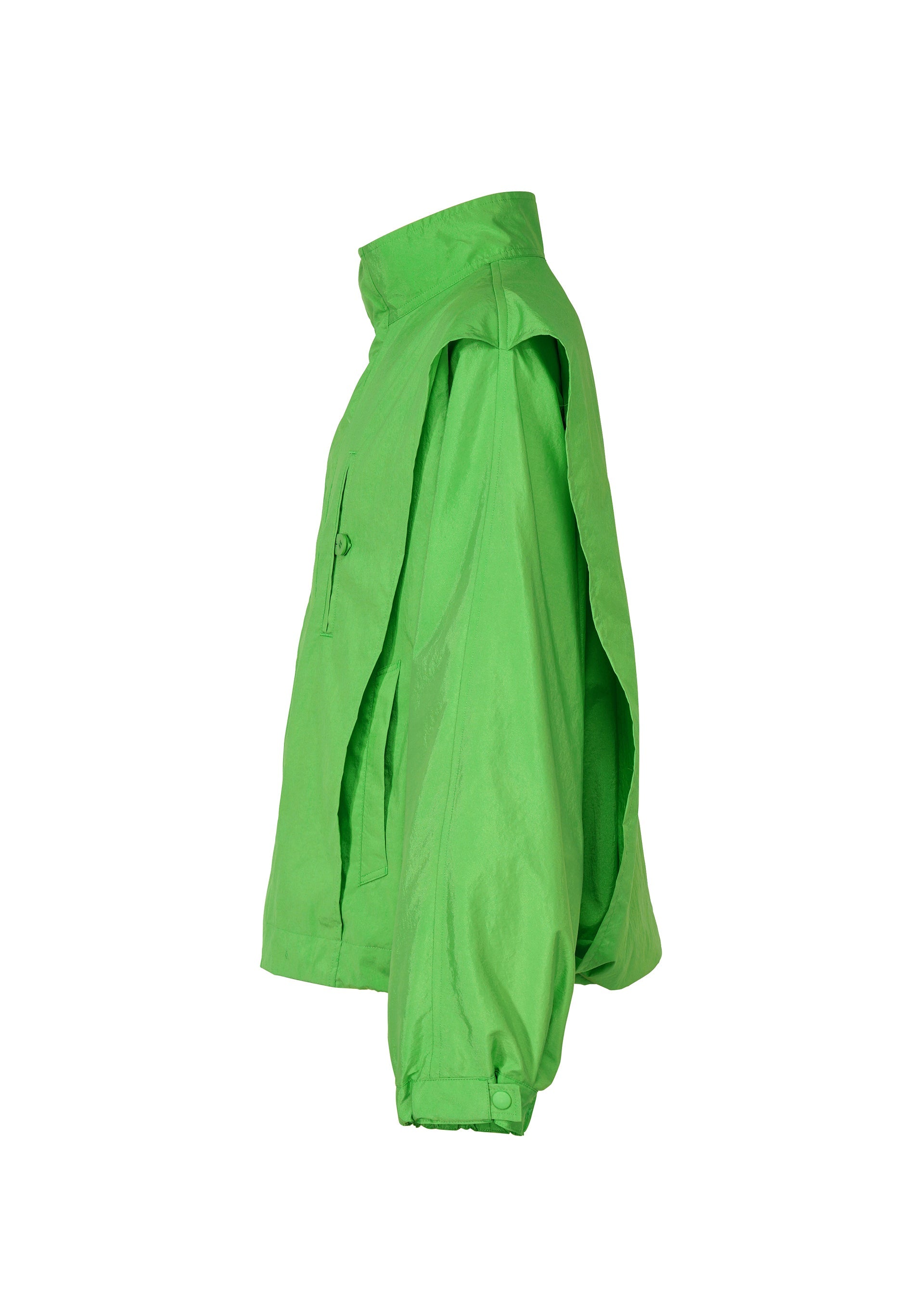 Zoomed view The IM MEN FISHING NET NYLON jacket is bright green, shown side-on with long sleeves, high collar, front pocket, and a loose silhouette. Made from recycled fishing nets for a lightweight yet durable finish.
