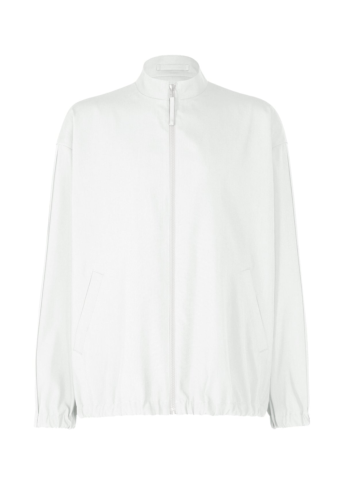 The IM MEN AIR PLEATS jacket is a lightweight, plain white zip-up with a high collar, long sleeves, elastic cuffs and hem, and two slanted side pockets, shown on a white background. view 1 of 8