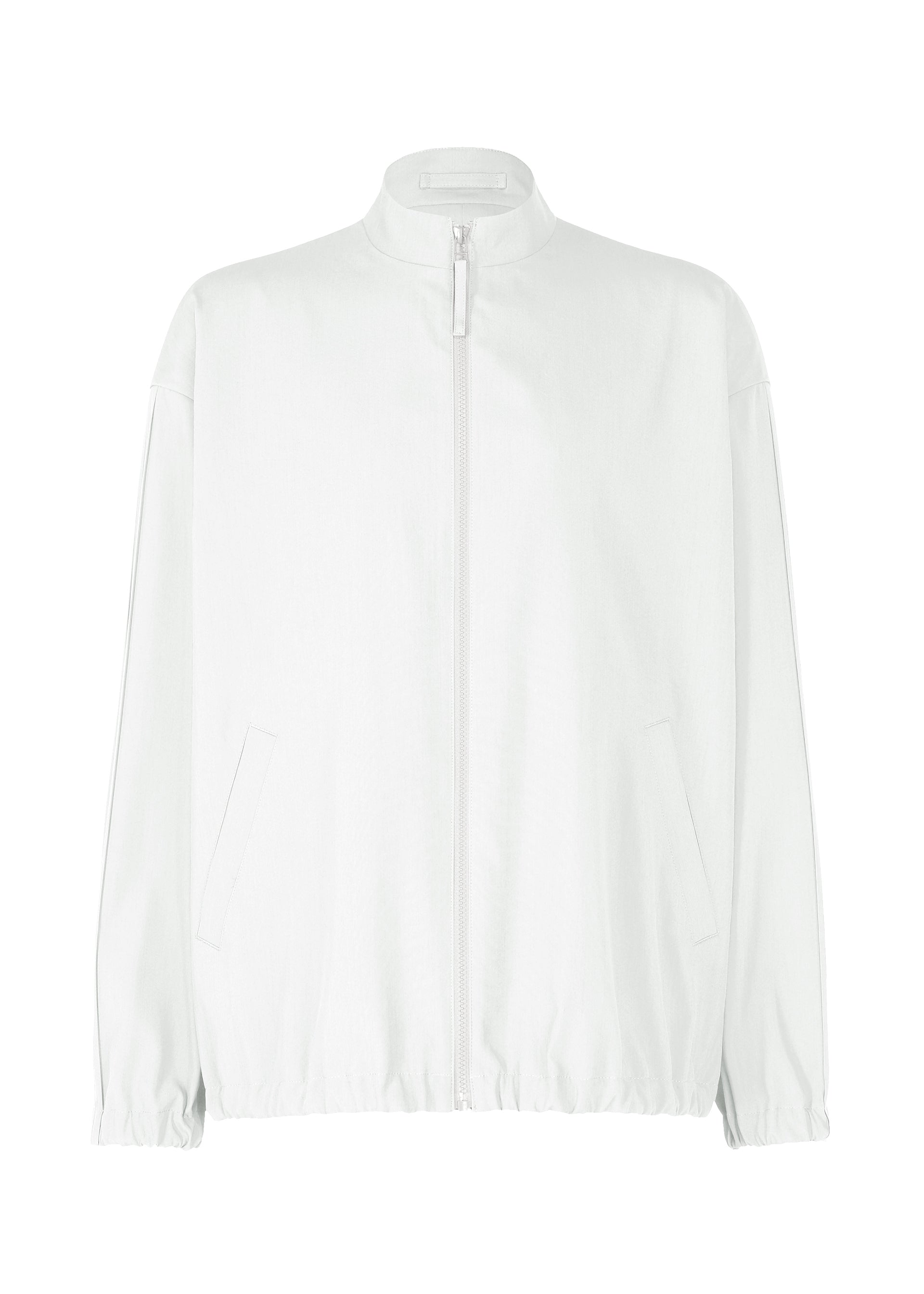 Zoomed view The IM MEN AIR PLEATS jacket is a lightweight, plain white zip-up with a high collar, long sleeves, elastic cuffs and hem, and two slanted side pockets, shown on a white background. - LIGHT GRAY （no.11）