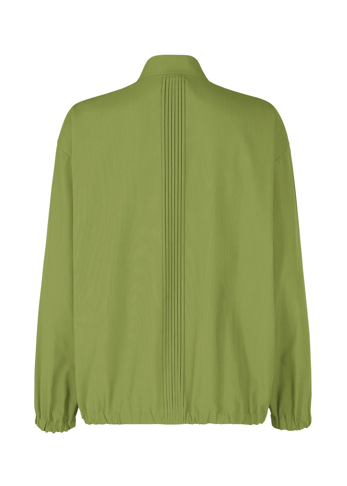 The IM MEN AIR PLEATS jacket, shown from the back in light green, has a straight collar, vertical center pleats, long sleeves, and a wrinkle-resistant design with an elastic hem for added freedom of movement. view 3 of 8
