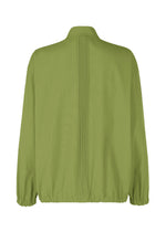 The IM MEN AIR PLEATS jacket, shown from the back in light green, has a straight collar, vertical center pleats, long sleeves, and a wrinkle-resistant design with an elastic hem for added freedom of movement.