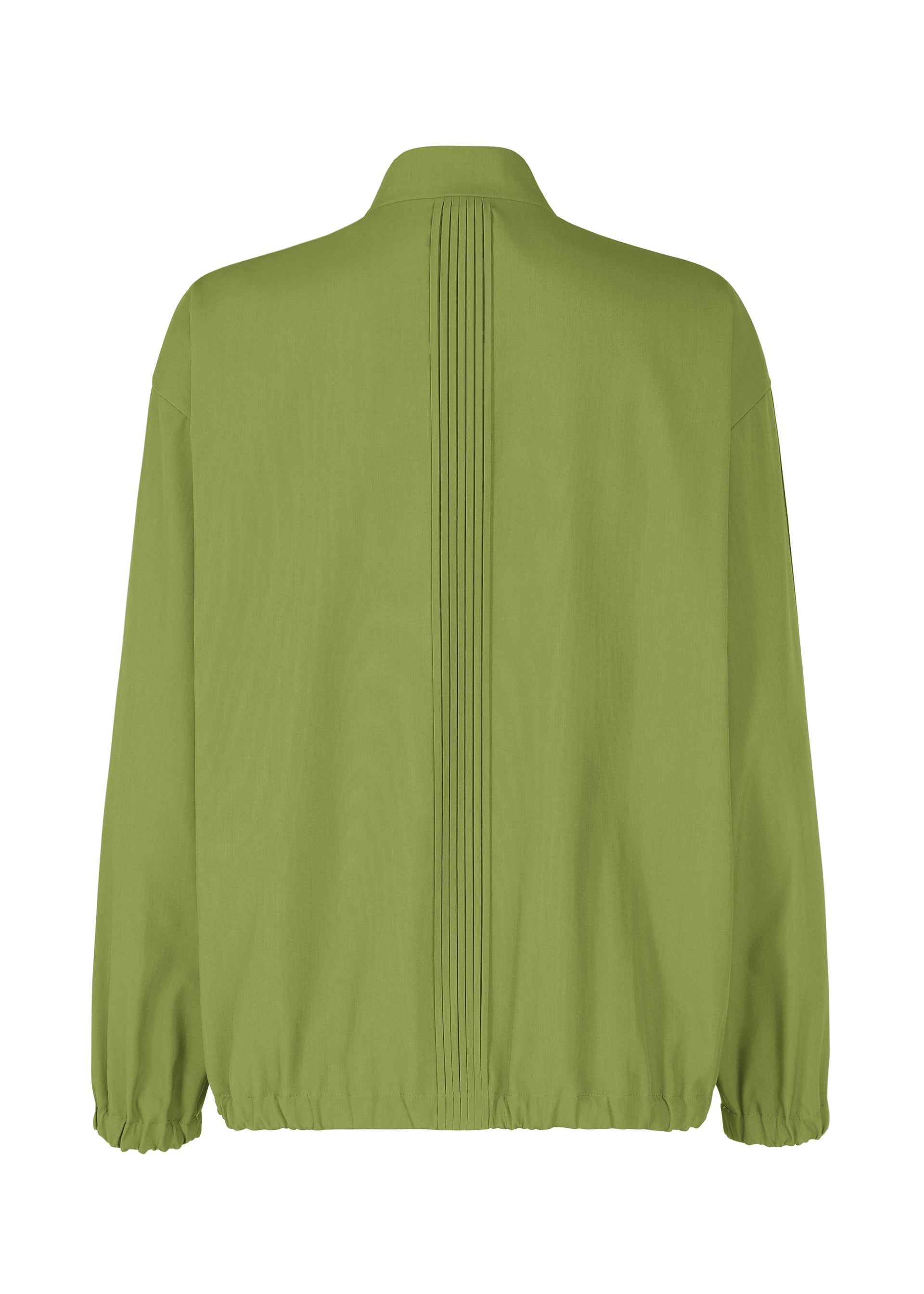 Zoomed view The IM MEN AIR PLEATS jacket, shown from the back in light green, has a straight collar, vertical center pleats, long sleeves, and a wrinkle-resistant design with an elastic hem for added freedom of movement.