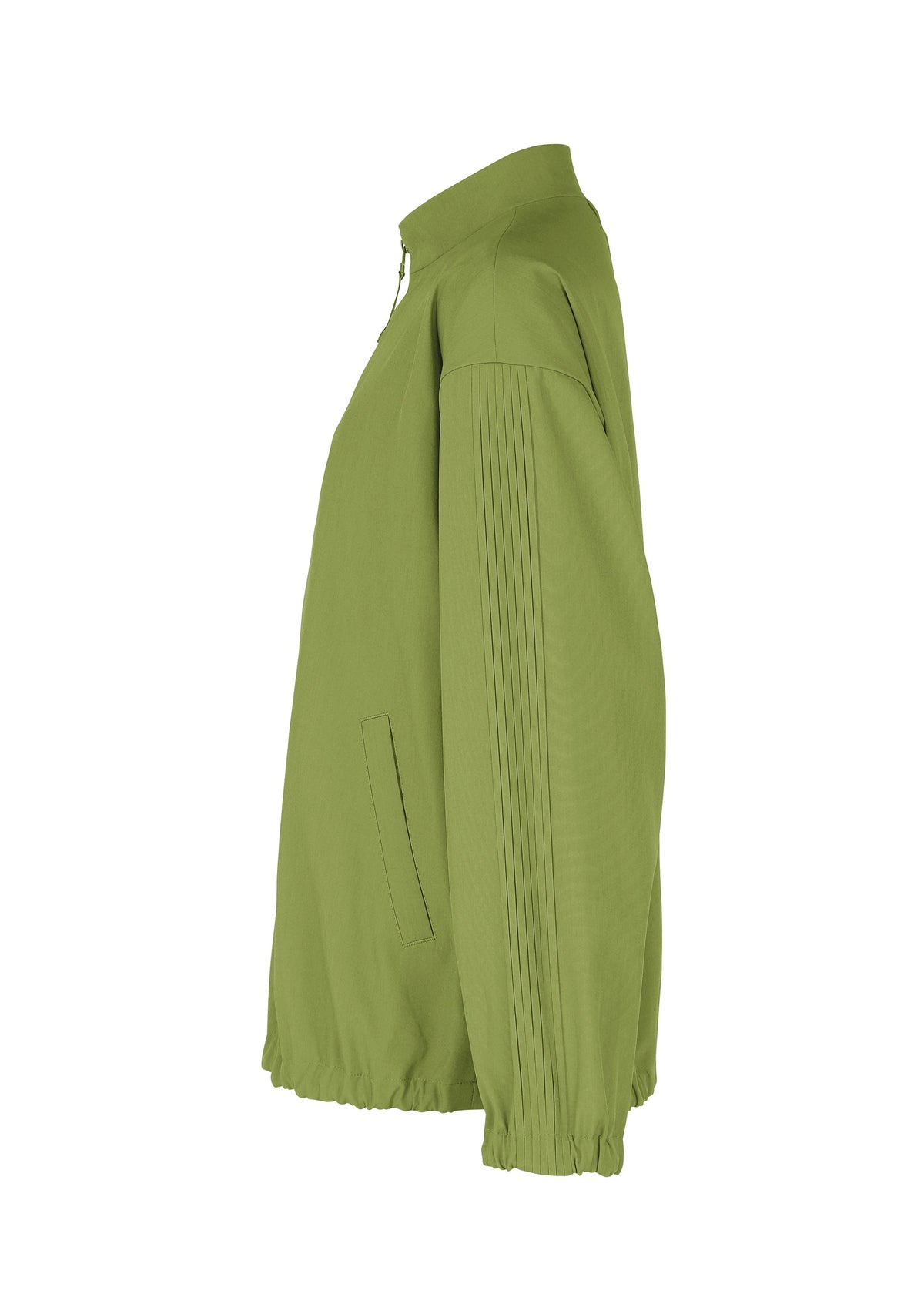 Side view of the AIR PLEATS jacket by IM MEN in light green, featuring a lightweight, wrinkle-resistant build with zip-up front, high collar, elastic cuffs, vertical pocket, and pleated sleeves for enhanced mobility. view 4 of 8