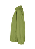 Side view of the AIR PLEATS jacket by IM MEN in light green, featuring a lightweight, wrinkle-resistant build with zip-up front, high collar, elastic cuffs, vertical pocket, and pleated sleeves for enhanced mobility.