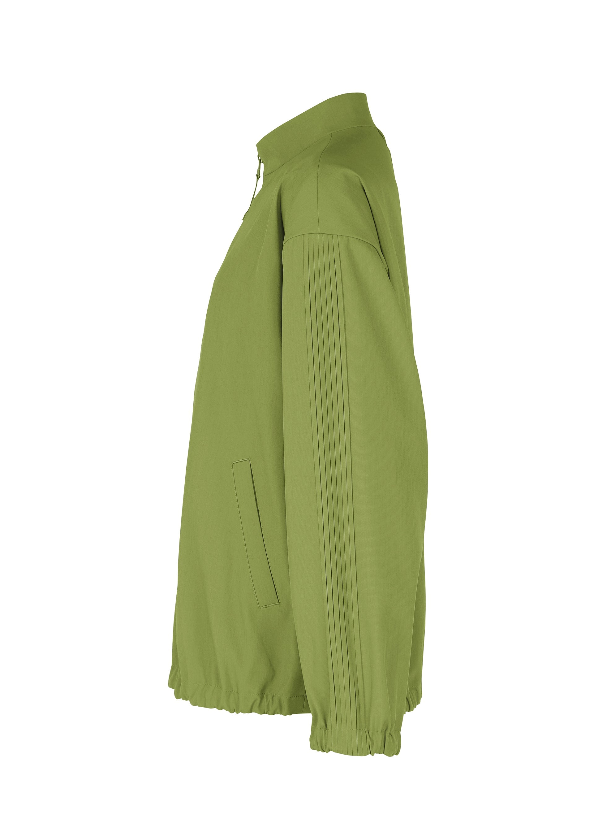 Zoomed view Side view of the AIR PLEATS jacket by IM MEN in light green, featuring a lightweight, wrinkle-resistant build with zip-up front, high collar, elastic cuffs, vertical pocket, and pleated sleeves for enhanced mobility.
