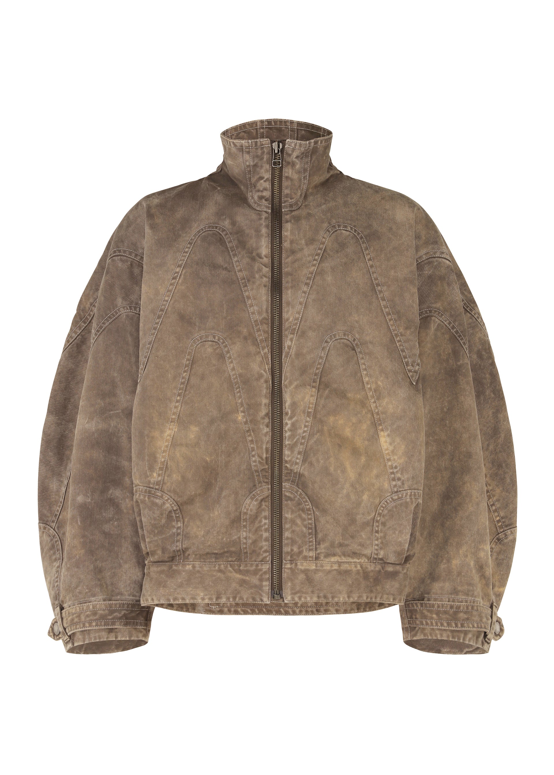 Zoomed view The ELEMENTS jacket by IM MEN is a brown, vintage-style zip-up with a high collar, oversized sleeves, color-fading effect, thick cotton fabric, decorative stitching, and adjustable cuff straps. - DARK BEIGE （no.43）