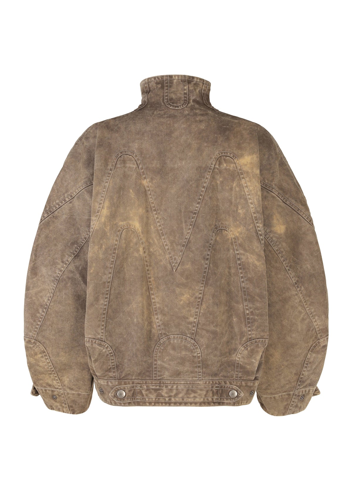 The ELEMENTS jacket by IM MEN is a brown distressed denim piece with a large stitched M on the back, high collar, thick cotton material, buttoned lower hem, and oversized sleeves. view 3 of 8