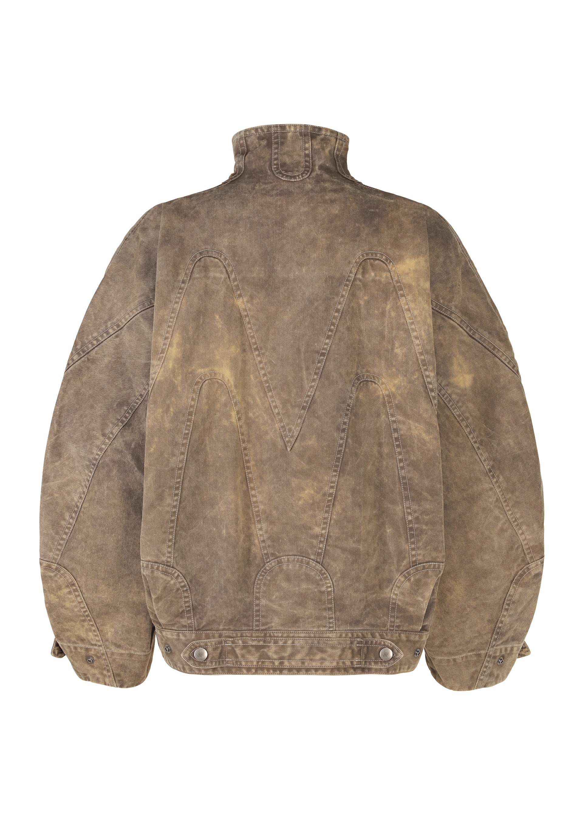 Zoomed view The ELEMENTS jacket by IM MEN is a brown distressed denim piece with a large stitched M on the back, high collar, thick cotton material, buttoned lower hem, and oversized sleeves.