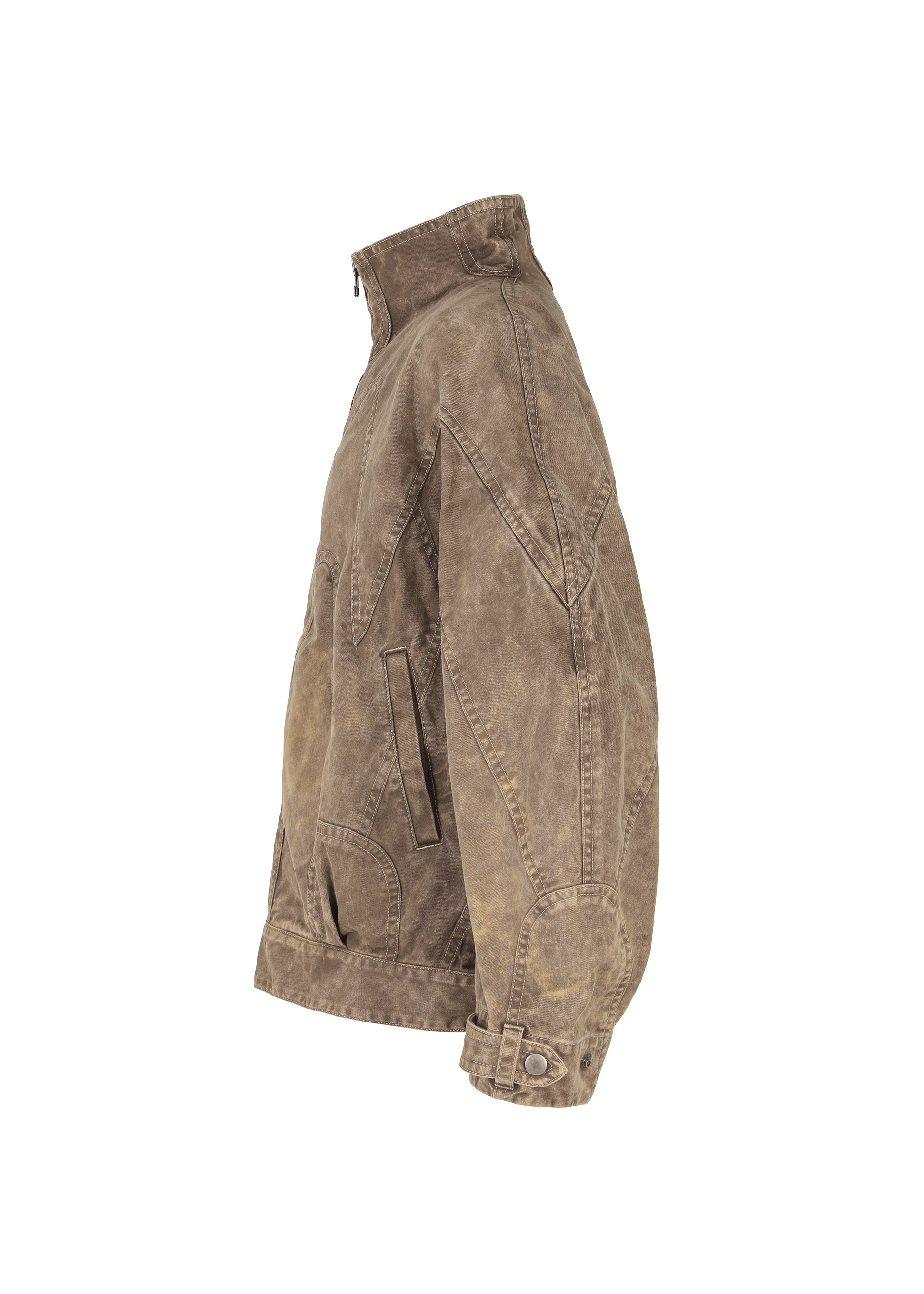 Zoomed view The IM MEN ELEMENTS jacket, in brown distressed leather, is shown from the side with a stand-up collar, zip front, angled side pockets, buttoned cuffs, and subtle color fading—displayed against a white background.