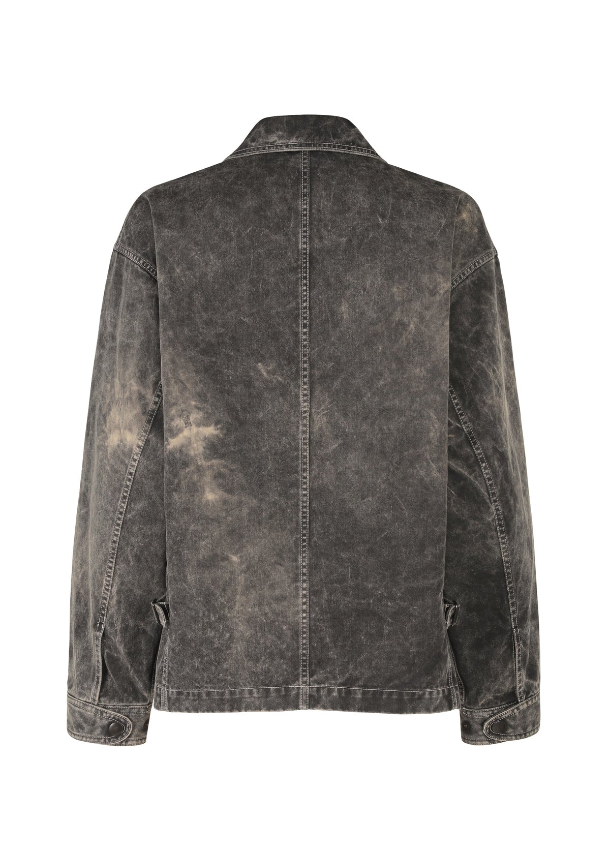 A back view of the IM MEN ELEMENTS jacket in faded black denim shows long sleeves, visible stitching, adjustable waist tabs, and a vintage-inspired color-fading effect. view 3 of 8