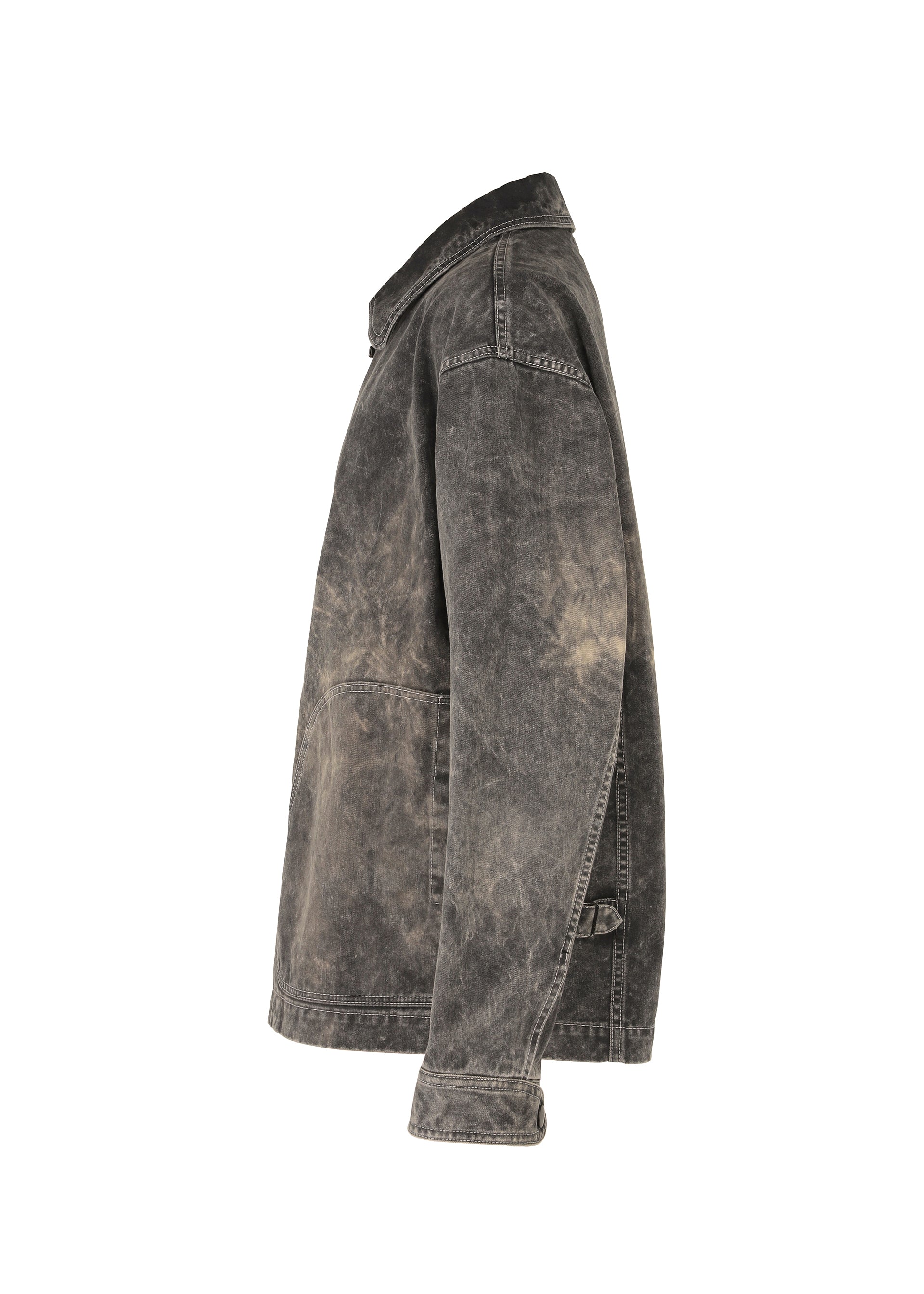 Zoomed view Side view of the ELEMENTS black denim jacket by IM MEN, featuring a color-fading effect, visible stitching, long sleeves, and side pockets, inspired by ceramic artist Shoji Kamoda's textured depth. Displayed against a white background.
