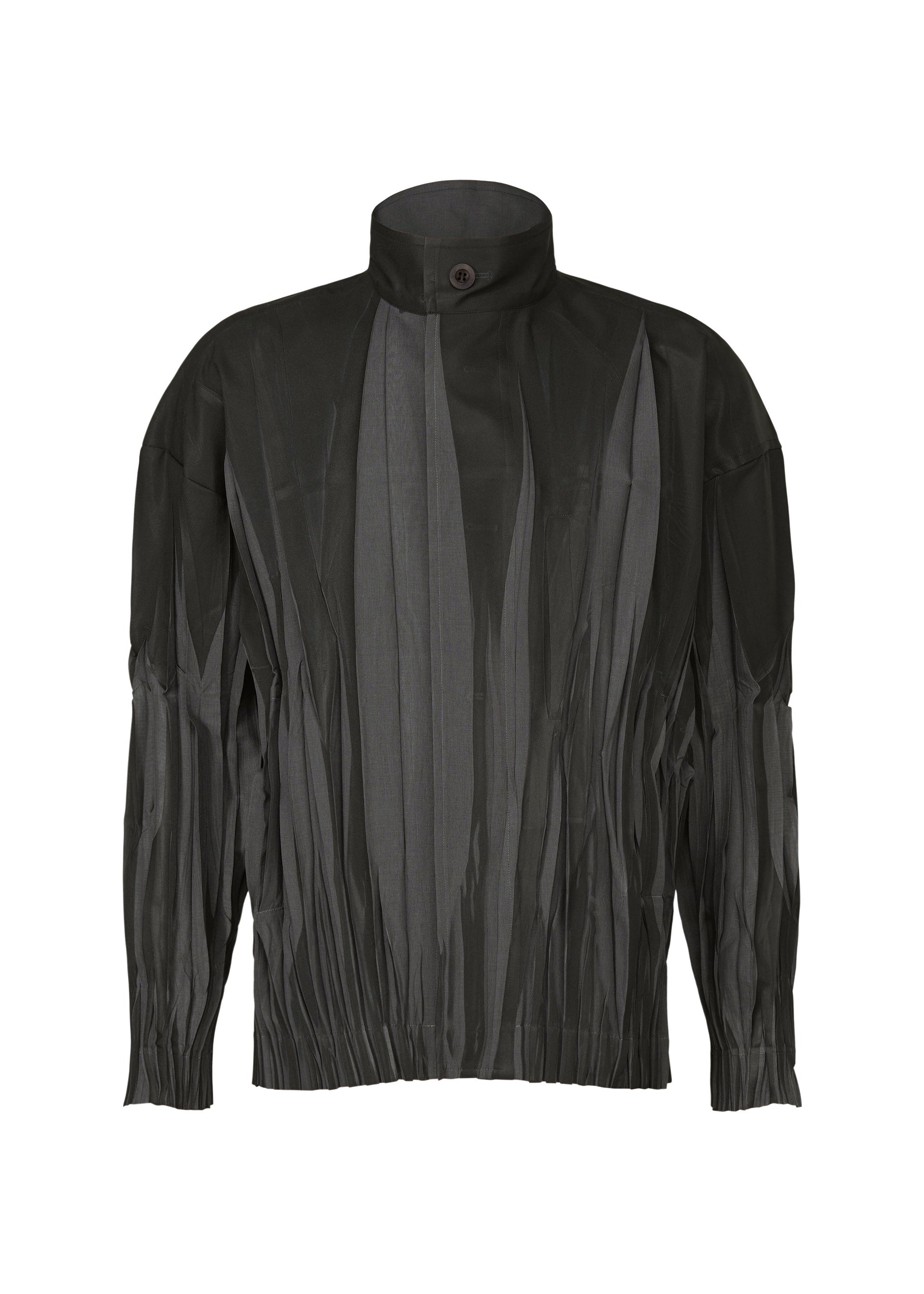 Zoomed view The IM MEN EDGE jacket is a black, pleated polyester piece with long sleeves, a high collar, single neck button, and crinkled vertical texture, inspired by Shoji Kamoda. - BLACK (no.15)