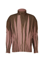 The EDGE shirt by IM MEN features long sleeves, a high buttoned collar, and an abstract brown and pink vertical stripe pattern. Textured fabric with pleated details along the sleeves and hem evoke Shoji Kamoda-inspired ceramic artistry. - DARK BROWN (no.45)