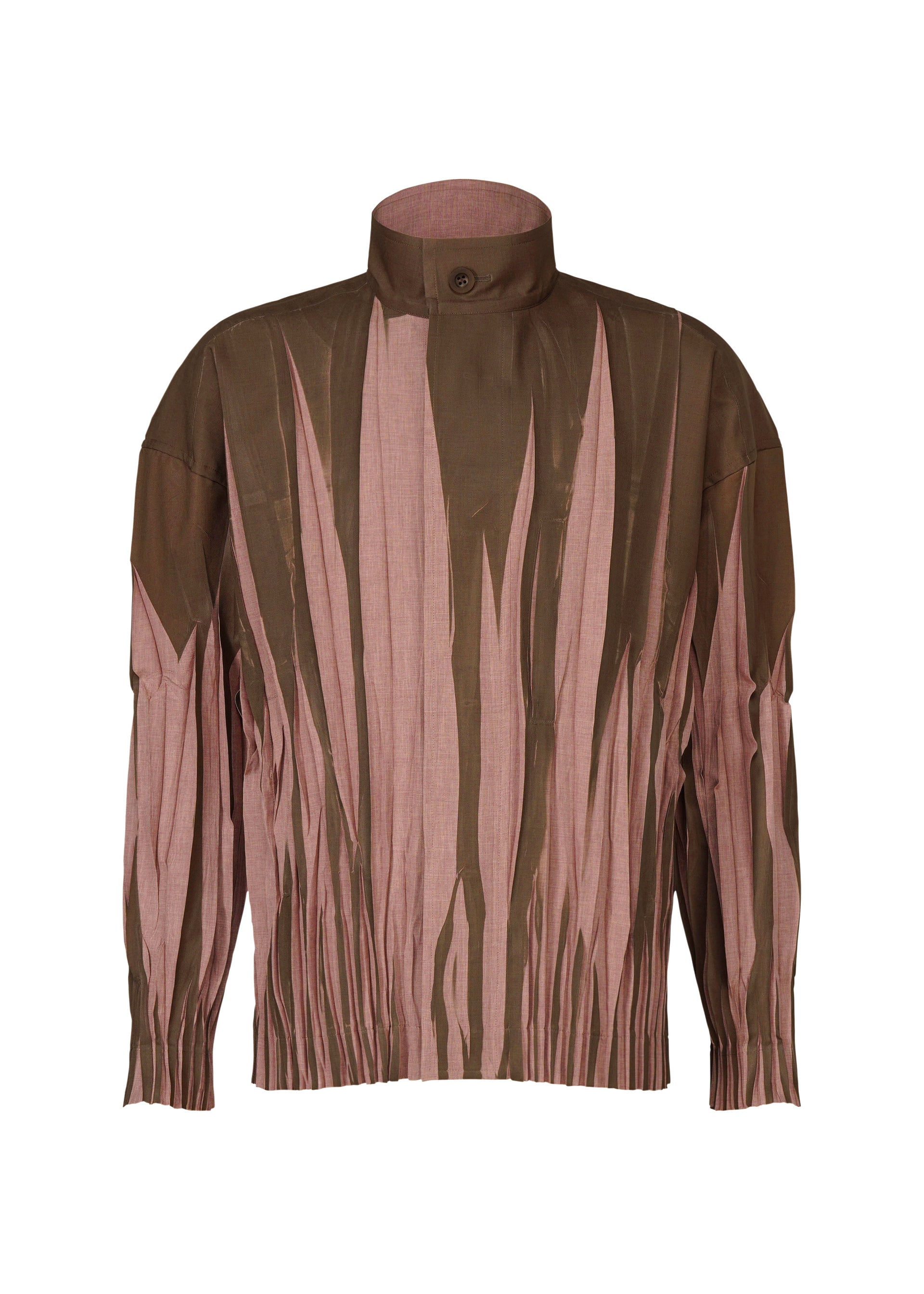 Zoomed view The EDGE shirt by IM MEN features long sleeves, a high buttoned collar, and an abstract brown and pink vertical stripe pattern. Textured fabric with pleated details along the sleeves and hem evoke Shoji Kamoda-inspired ceramic artistry. - DARK BROWN (no.45)