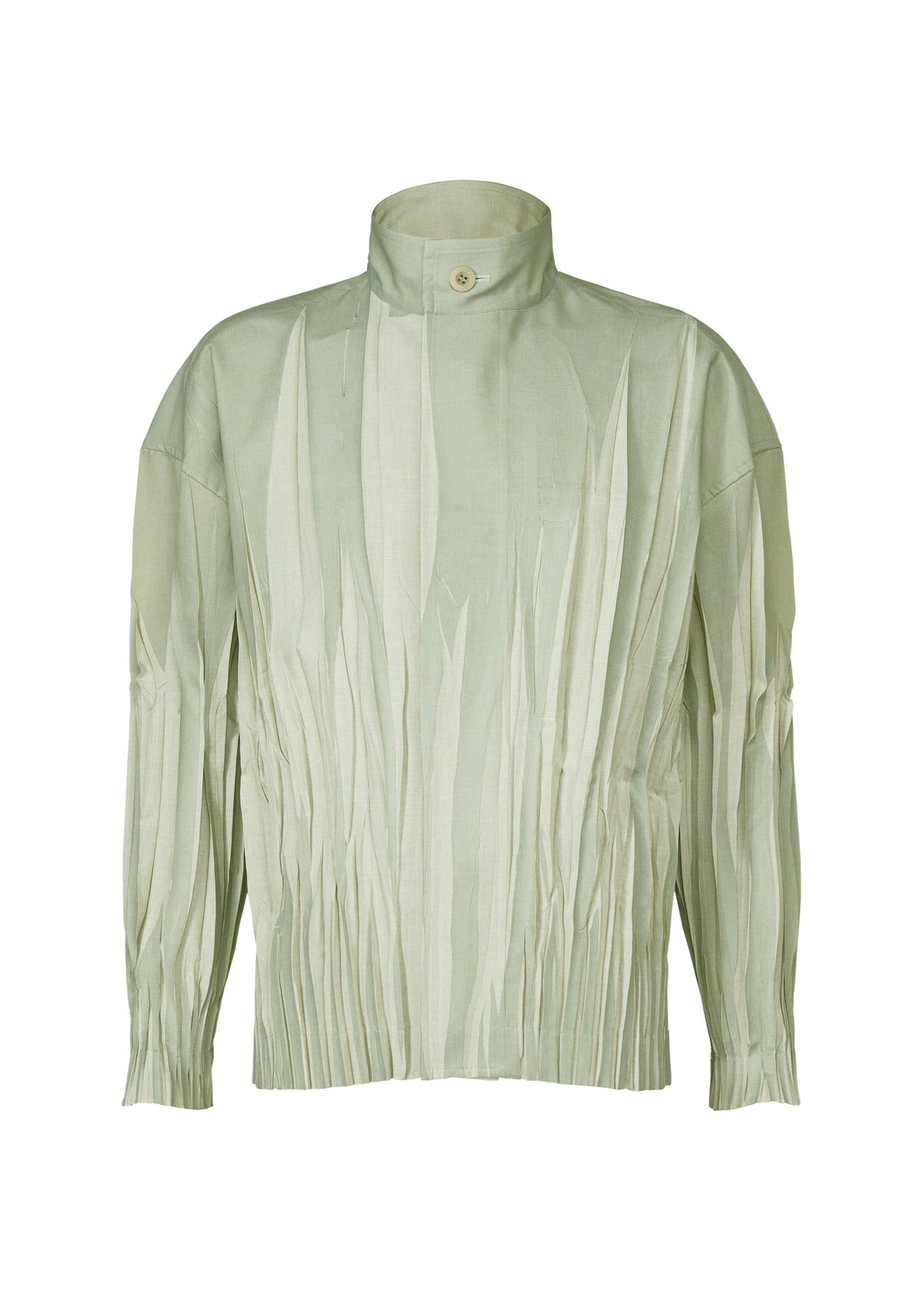 The IM MEN EDGE jacket is a light sage green, long-sleeve pleated polyester piece with a high buttoned collar and Shoji Kamoda-inspired textured patterns resembling vertical folds or elongated leaves. view 3 of 9