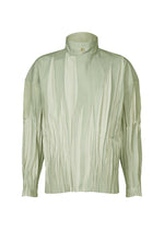 The IM MEN EDGE jacket is a light sage green, long-sleeve pleated polyester piece with a high buttoned collar and Shoji Kamoda-inspired textured patterns resembling vertical folds or elongated leaves.
