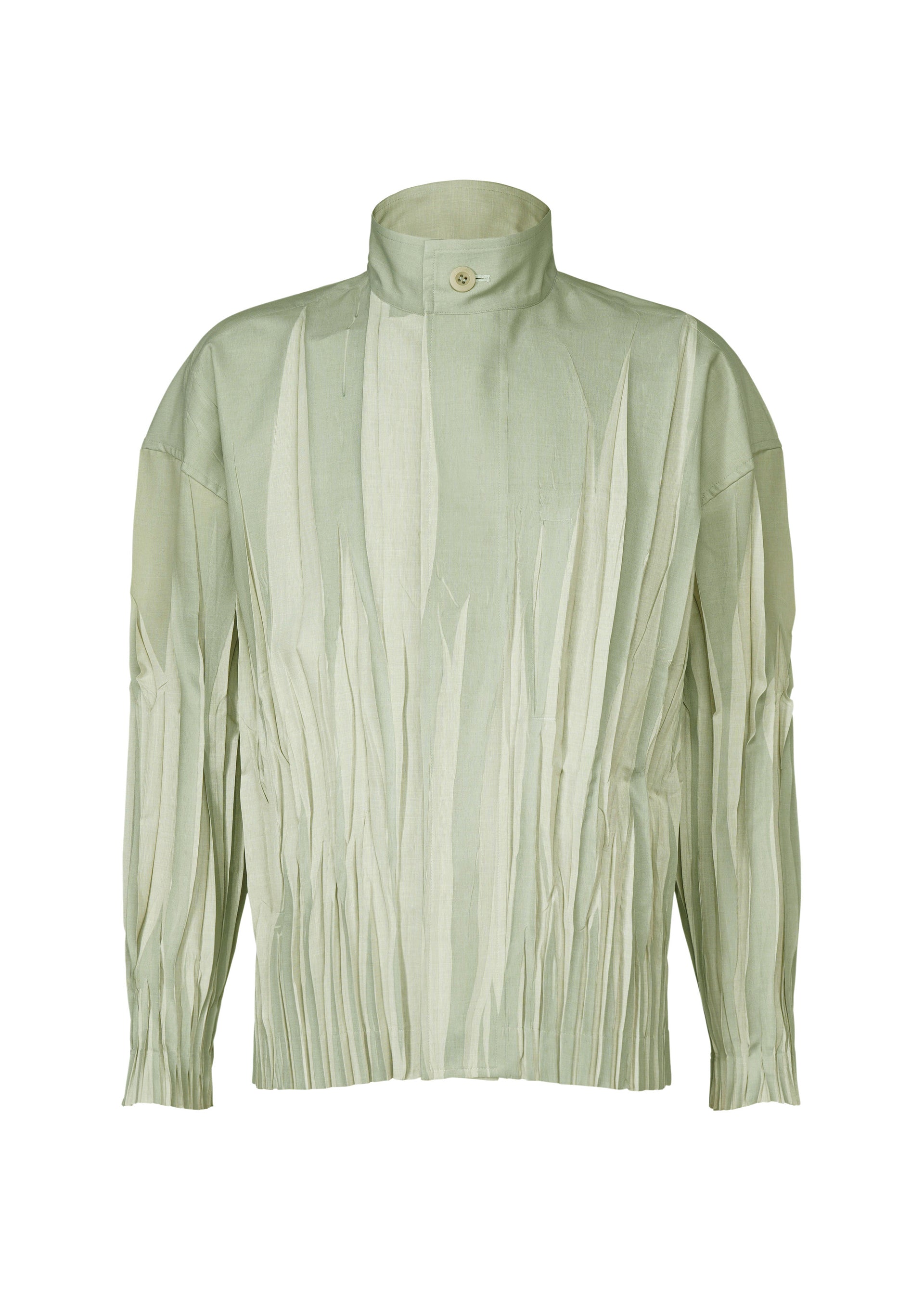 Zoomed view The IM MEN EDGE jacket is a light sage green, long-sleeve pleated polyester piece with a high buttoned collar and Shoji Kamoda-inspired textured patterns resembling vertical folds or elongated leaves.
