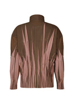 The image shows the back view of EDGE by IM MEN, a brown pleated polyester jacket with a stand-up collar and long sleeves, featuring pink abstract grass or leaf patterns rising vertically from the hem and cuffs. Inspired by Shoji Kamoda.