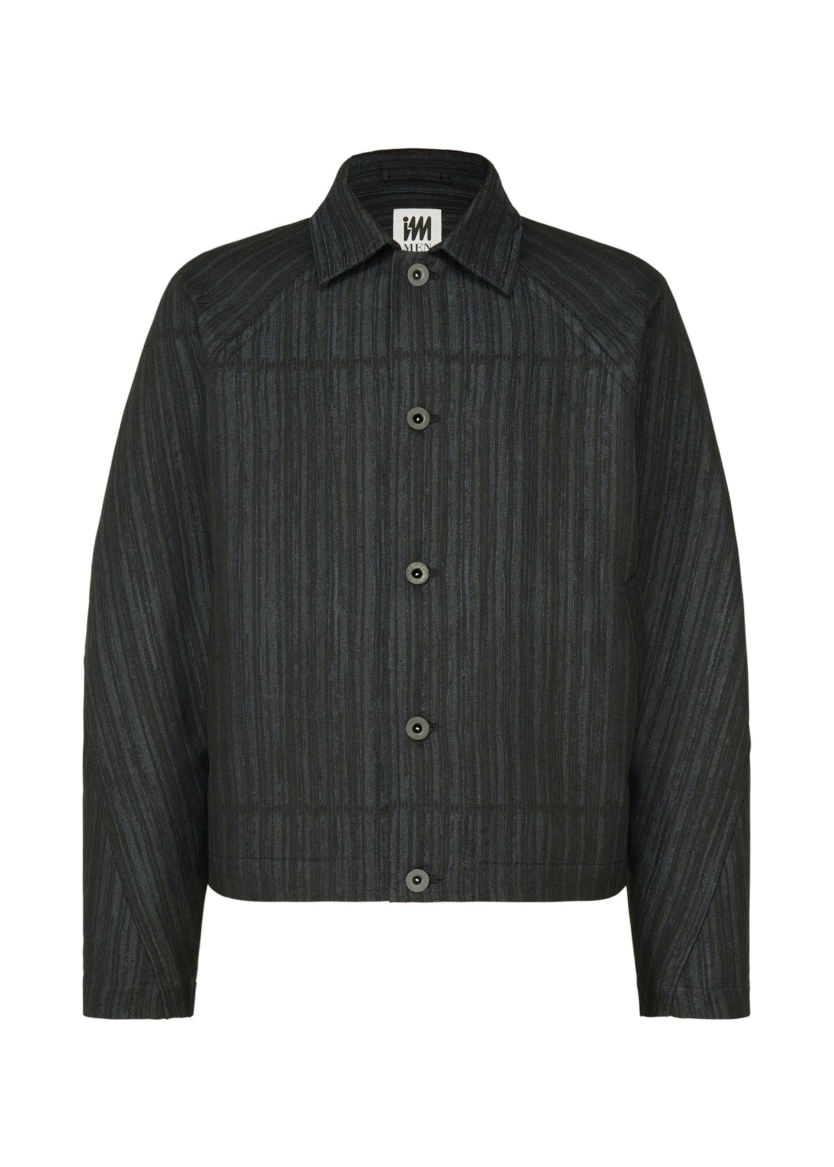 The CURVINESS jacket by IM MEN is a black, button-up jacquard loom piece with vertical stripes, collar, and long sleeves, inspired by Shoji Kamoda's textured forms, shown on a plain white background. view 1 of 8