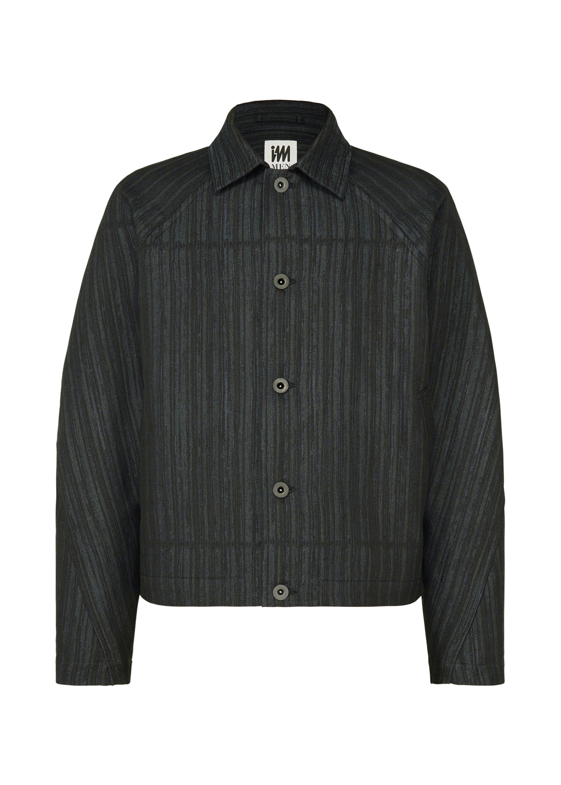 Zoomed view The CURVINESS jacket by IM MEN is a black, button-up jacquard loom piece with vertical stripes, collar, and long sleeves, inspired by Shoji Kamoda's textured forms, shown on a plain white background. - CHARCOAL GRAY （no.13）