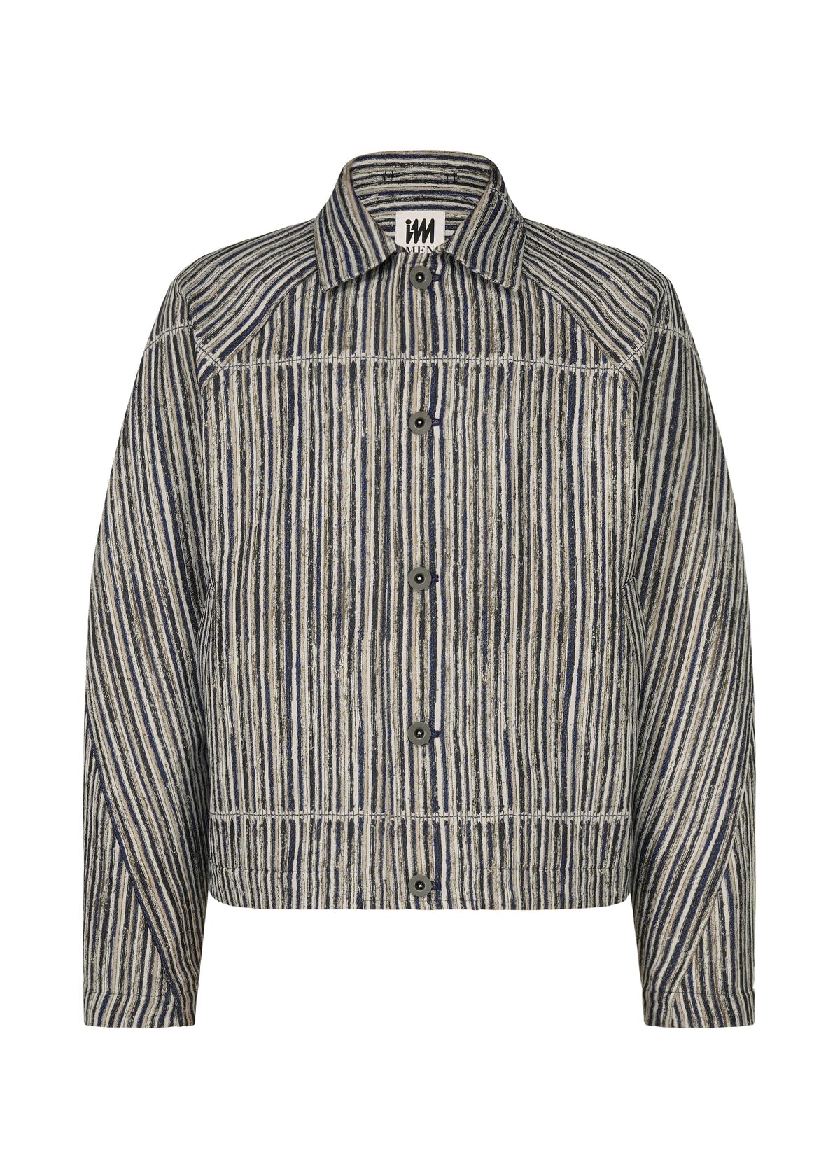 The CURVINESS jacket by IM MEN is a long-sleeve, button-up cotton linen piece with a collar, showcasing vertical and diagonal blue and gray stripes on a white background. view 2 of 8