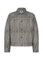 The CURVINESS jacket by IM MEN is a long-sleeve, button-up cotton linen piece with a collar, showcasing vertical and diagonal blue and gray stripes on a white background. - LIGHT BLUE （no.70）
