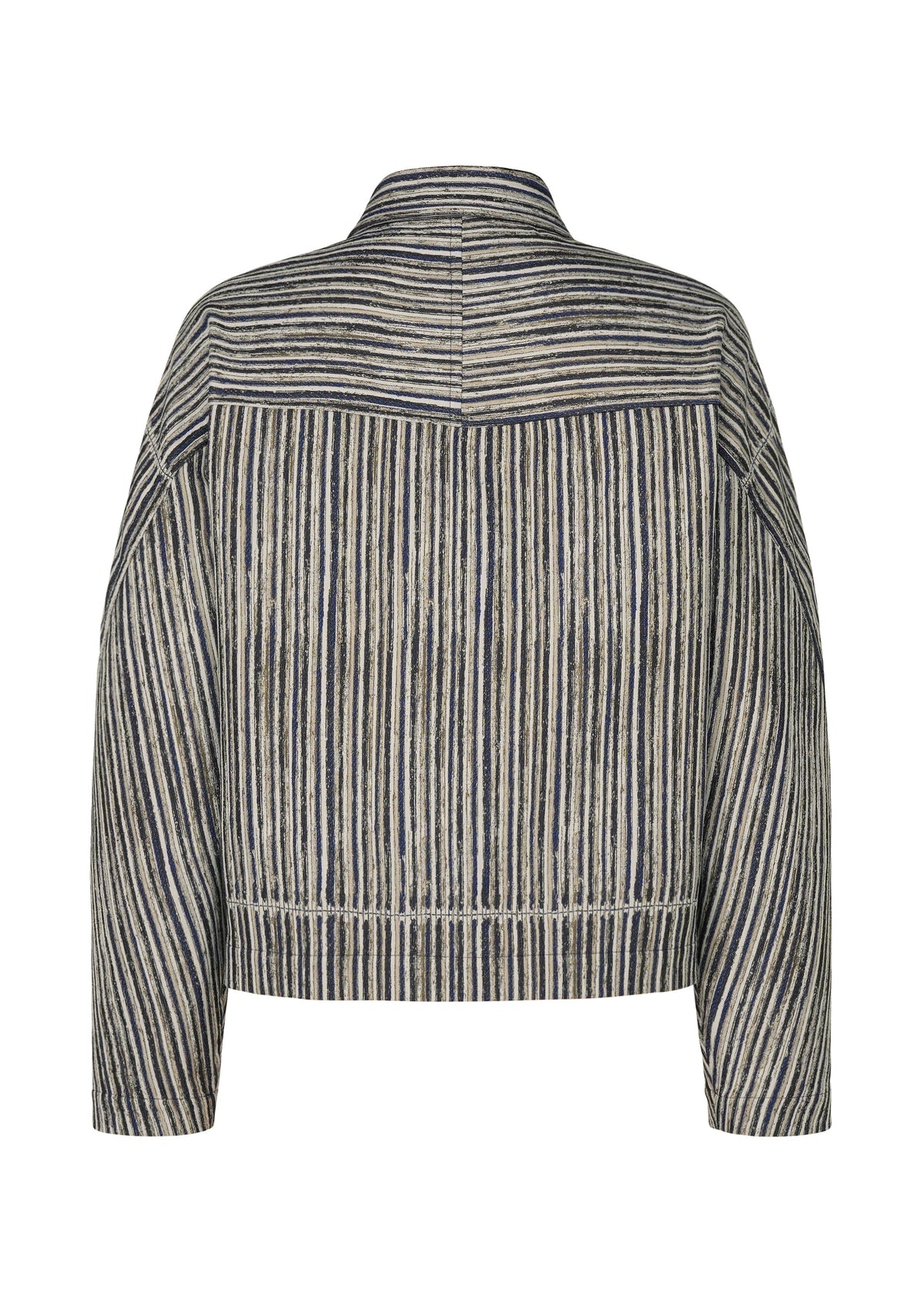 Back view of the IM MEN CURVINESS jacket in cotton-linen with a high collar, vertical navy and beige stripes, a horizontal shoulder panel, and design cues inspired by ceramic artist Shoji Kamoda. view 3 of 8