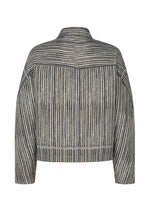 Back view of the IM MEN CURVINESS jacket in cotton-linen with a high collar, vertical navy and beige stripes, a horizontal shoulder panel, and design cues inspired by ceramic artist Shoji Kamoda.
