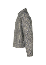 Side view of the IM MEN CURVINESS cotton linen jacket featuring vertical blue and white stripes, front pockets, a collar, and visible seam stitching on a plain white background, inspired by ceramic artist Shoji Kamoda.