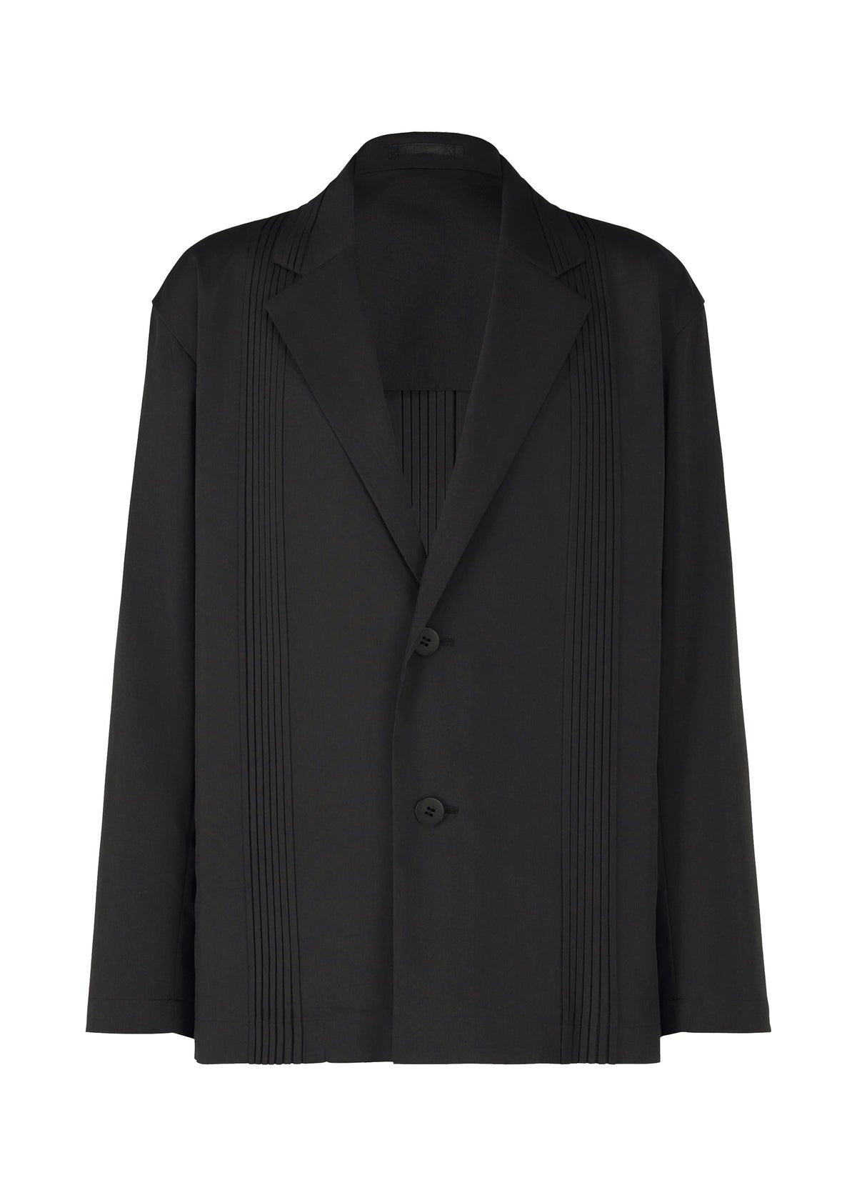 The IM MEN AIR PLEATS BLACK jacket features a relaxed fit, long sleeves, notched lapels, two front buttons, and subtle vertical pleats on the front panels. view 1 of 7