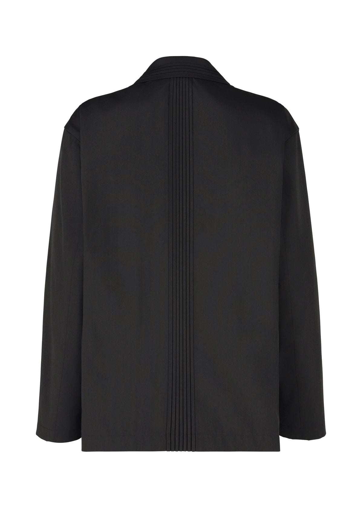 The IM MEN AIR PLEATS BLACK jacket features a minimalist, wrinkle-resistant design with a collar, long sleeves, straight hem, and vertical pleated detailing along the center back. view 2 of 7