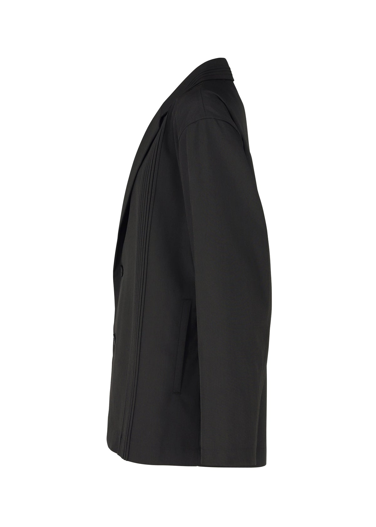 Side view of the AIR PLEATS BLACK blazer by IM MEN, featuring a wrinkle-resistant fabric, notched lapel, and two front pockets, displayed against a plain white background. view 3 of 7