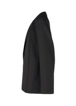 Side view of the AIR PLEATS BLACK blazer by IM MEN, featuring a wrinkle-resistant fabric, notched lapel, and two front pockets, displayed against a plain white background.