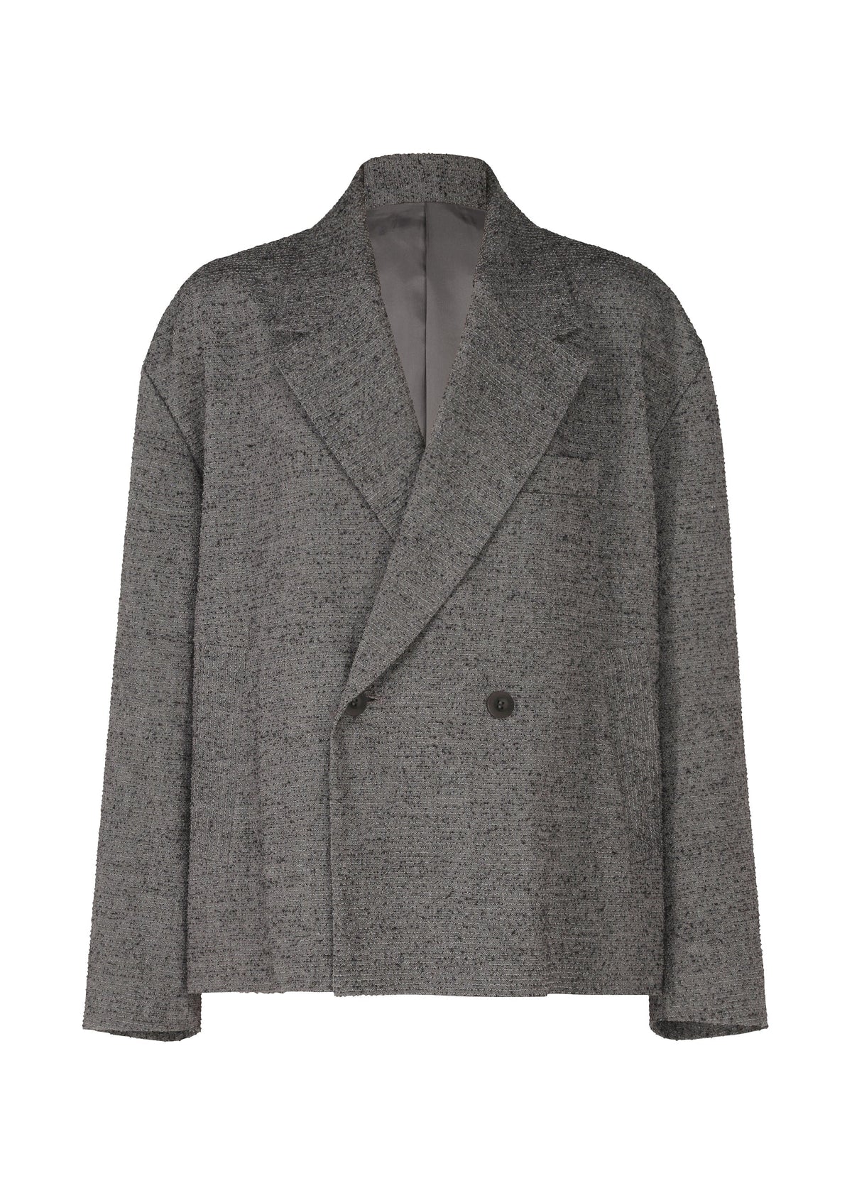 The IM MEN "TEXTURES" blazer is gray and double-breasted with a boxy, oversized fit, wide lapels, two buttons, and a textured finish inspired by Shoji Kamoda’s ceramics. Shown against a plain white background. view 1 of 8