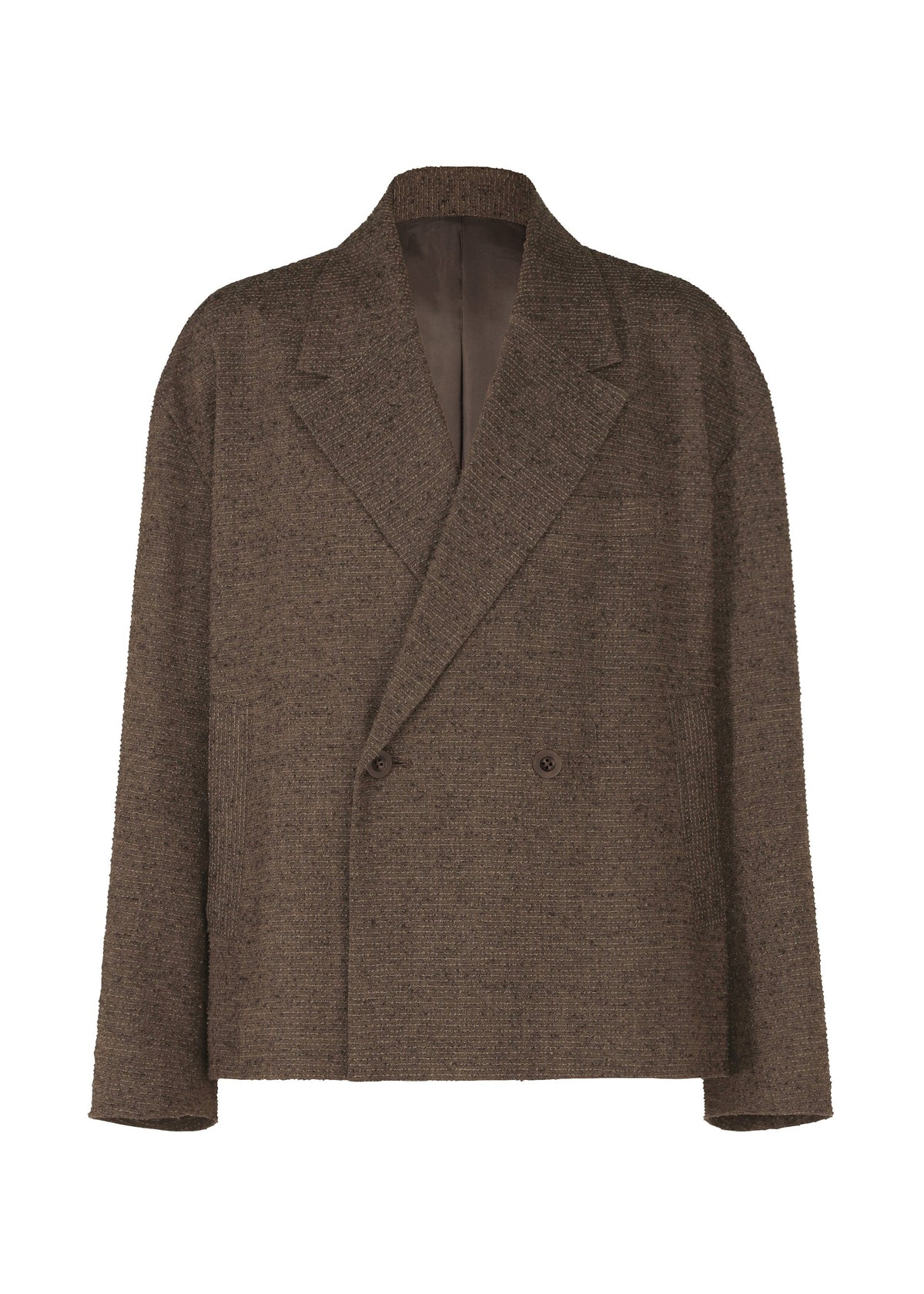 The TEXTURES jacket by IM MEN is a brown, double-breasted piece with wide lapels and a relaxed fit, crafted from ceramic-inspired fabric, displayed against a plain white background. view 2 of 8