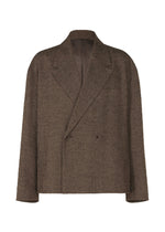 The TEXTURES jacket by IM MEN is a brown, double-breasted piece with wide lapels and a relaxed fit, crafted from ceramic-inspired fabric, displayed against a plain white background. - DARK BROWN （no.45）