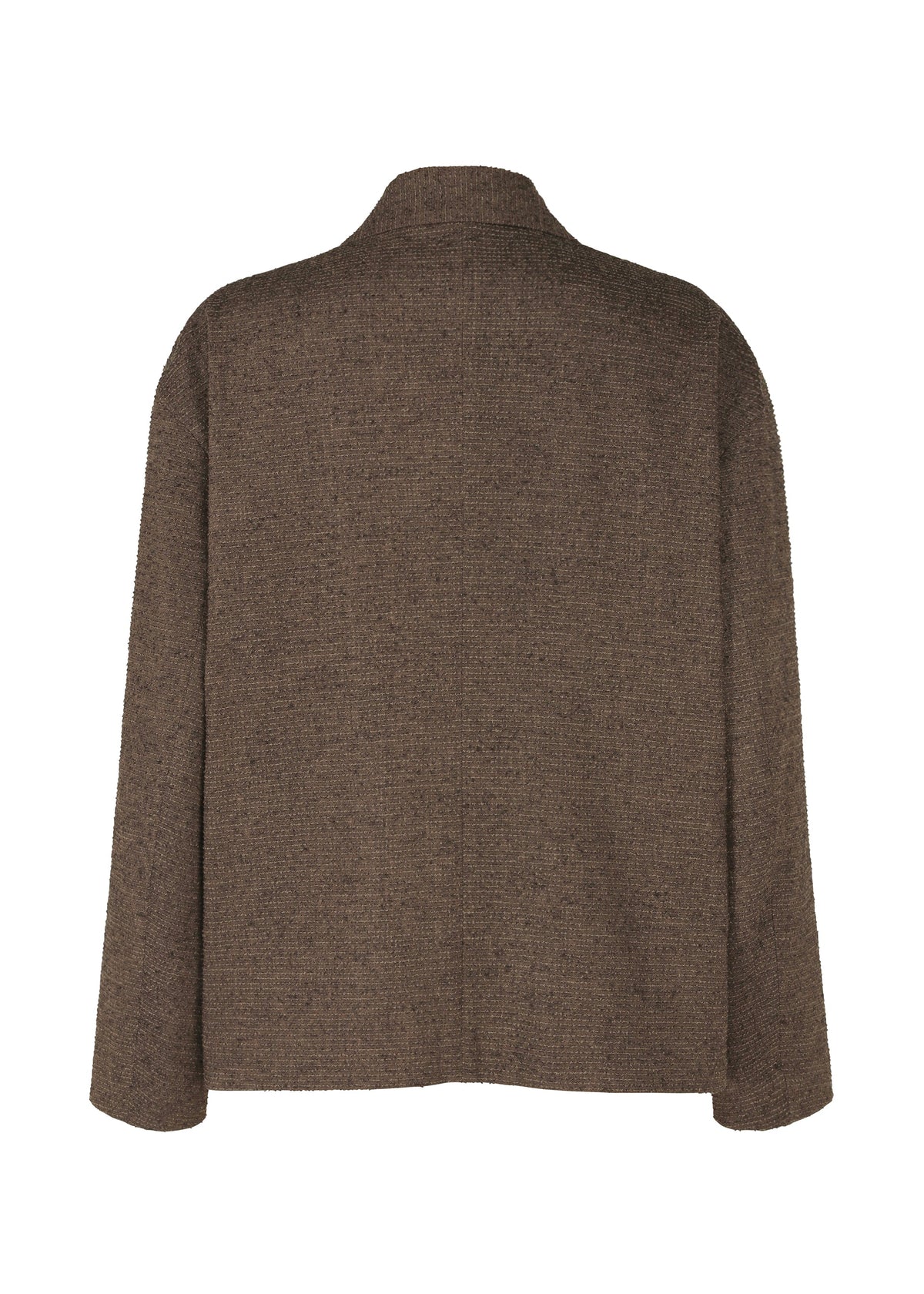 A back view of the IM MEN TEXTURES jacket, featuring brown ceramic-inspired textile, long sleeves, a collar, straight hem, and relaxed fit—evoking Shoji Kamoda’s artistry—displayed against a plain white background. view 3 of 8